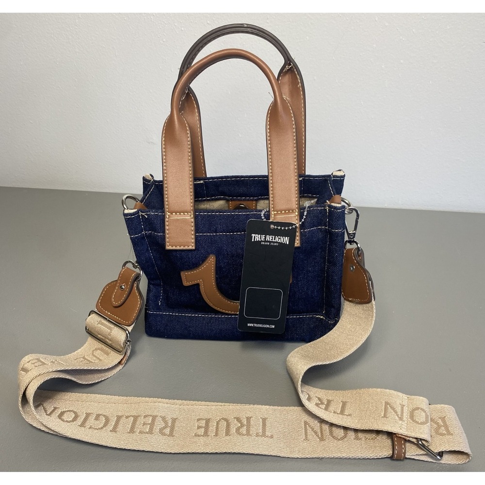 TRUE RELIGION Blue Denim Logo Mini Tote Purse Bag Adjustable Crossbody Strap NEW